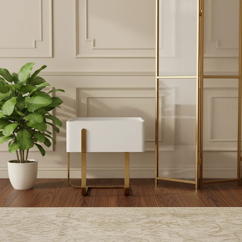 Modern Luxury Matte Beige Nightstand: Floating Design Titanium-Coated Stainless Steel-Single Drawer Bedside Table For Bedroom