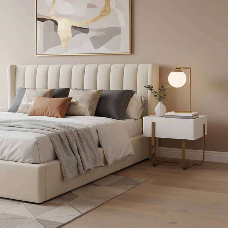 Modern Luxury Matte Beige Nightstand: Floating Design Titanium-Coated Stainless Steel-Single Drawer Bedside Table For Bedroom