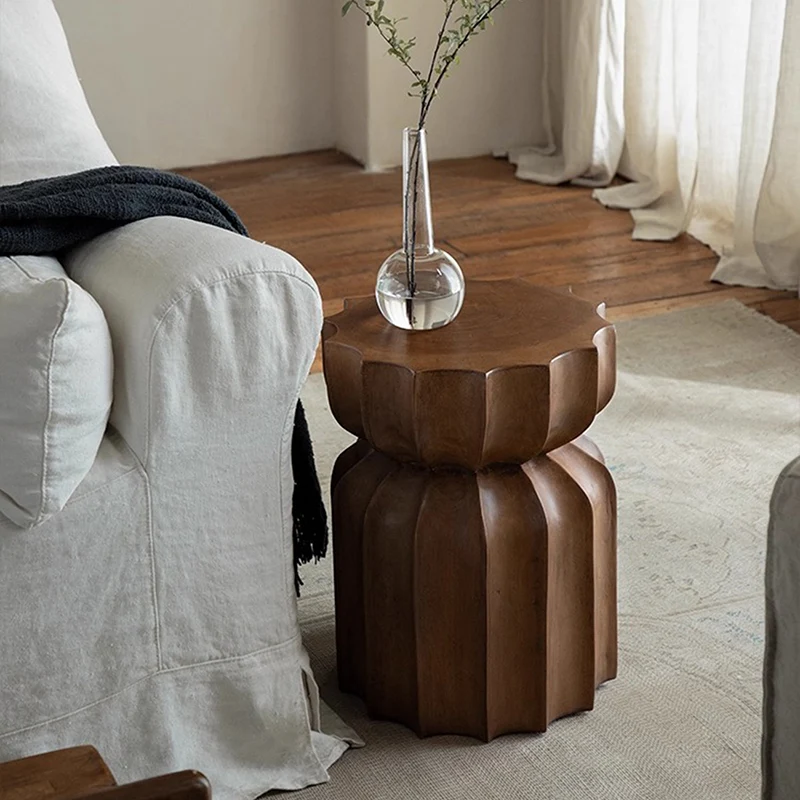 Contemporary Nordic Pumpkin Cylindrical Solid Pine Wood Side Table 1 Tier For Living Room