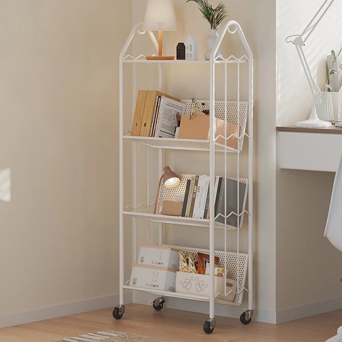 Contemporary Scandinavian Rectangular Carbon Steel Movable Storage Bookshelf 4-Tier For Living Room