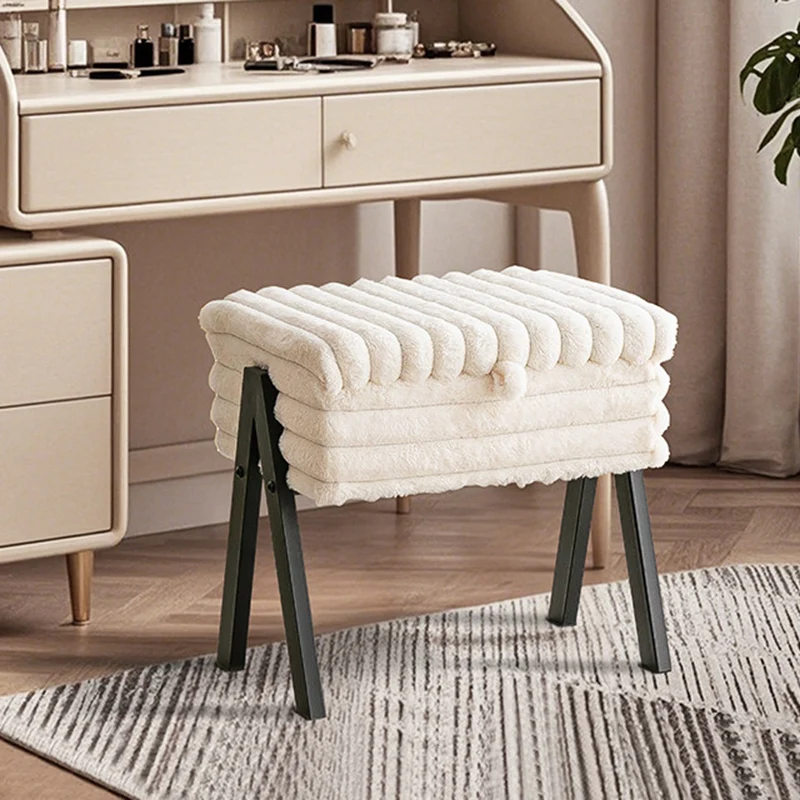 Contemporary Nordic Rectangular Faux Rabbit Fur Wood Steel Flip-Top Hidden Storage Vanity Stool For Bedroom