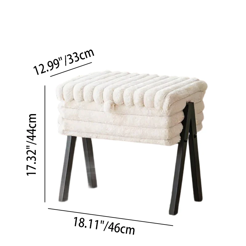 Contemporary Nordic Rectangular Faux Rabbit Fur Wood Steel Flip-Top Hidden Storage Vanity Stool For Bedroom