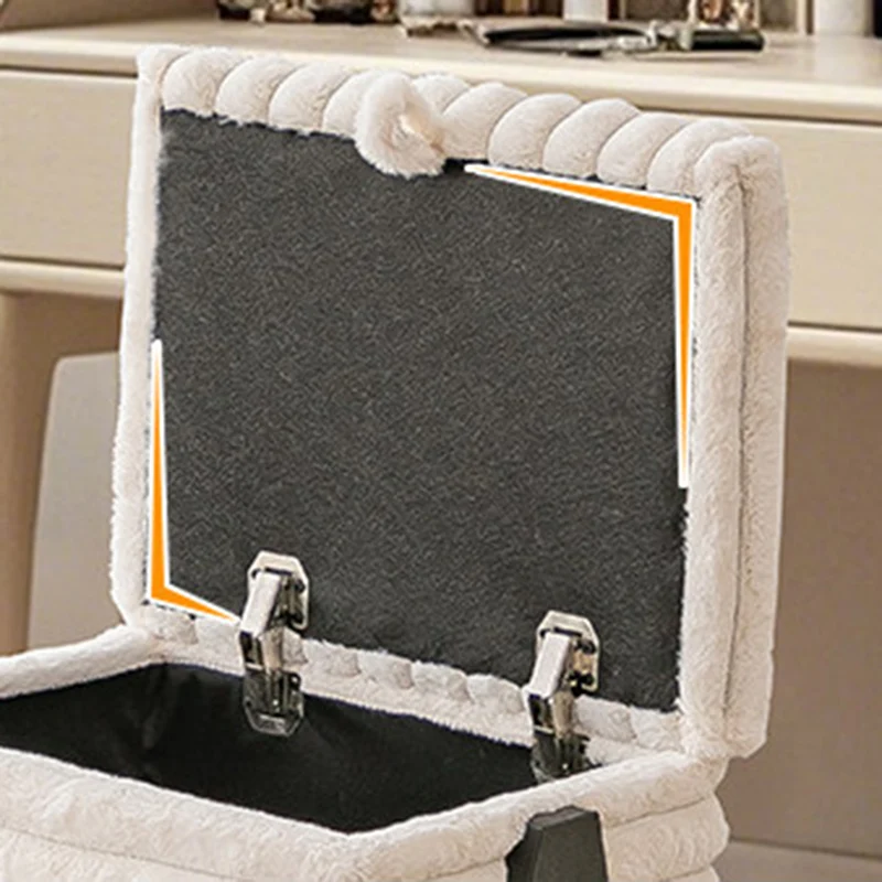 Contemporary Nordic Rectangular Faux Rabbit Fur Wood Steel Flip-Top Hidden Storage Vanity Stool For Bedroom