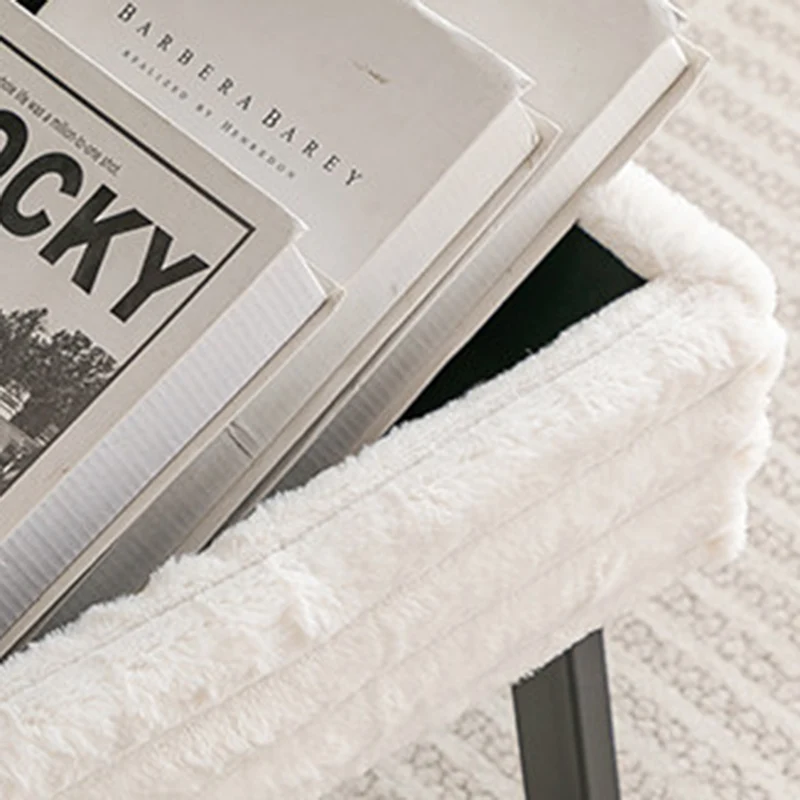 Contemporary Nordic Rectangular Faux Rabbit Fur Wood Steel Flip-Top Hidden Storage Vanity Stool For Bedroom