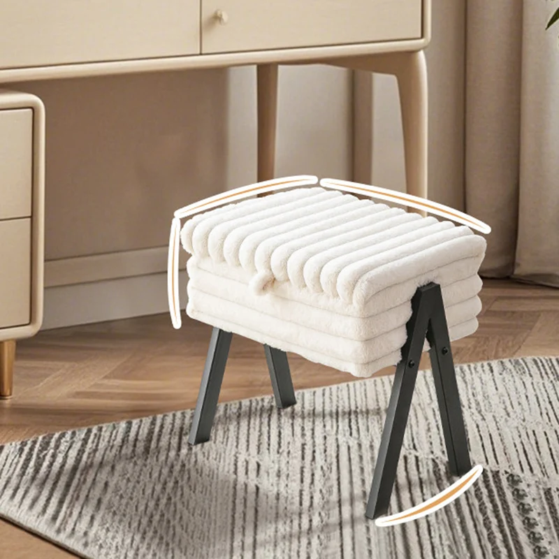 Contemporary Nordic Rectangular Faux Rabbit Fur Wood Steel Flip-Top Hidden Storage Vanity Stool For Bedroom