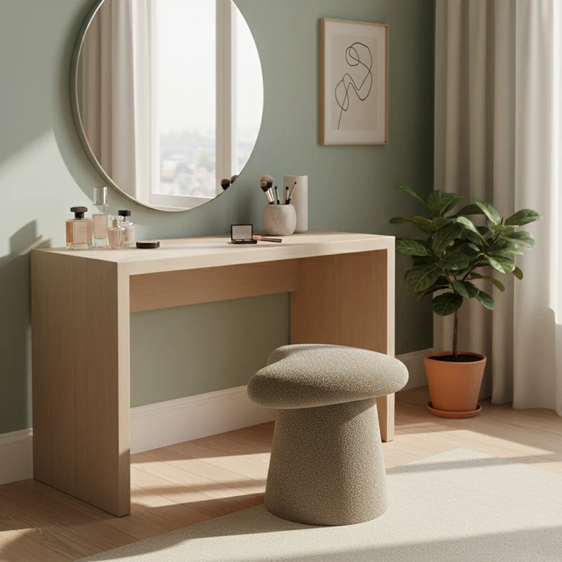 Modern Minimalist Solid Wood Plywood & Sherpa Fabric Whale-Tail Cushion Vanity Stool With Cylindrical Base For Bedroom