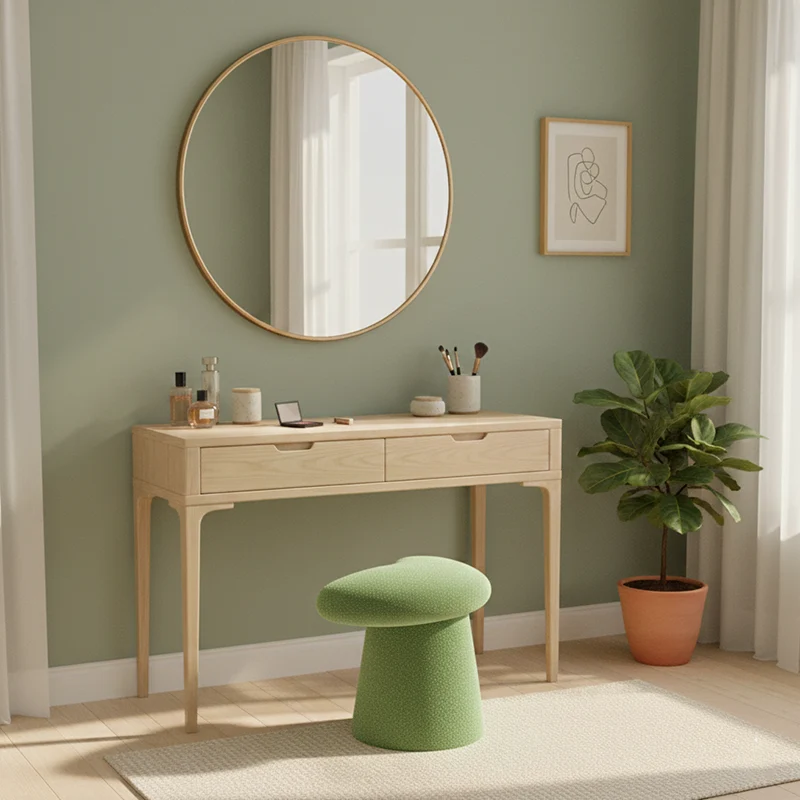 Modern Minimalist Solid Wood Plywood & Sherpa Fabric Whale-Tail Cushion Vanity Stool With Cylindrical Base For Bedroom