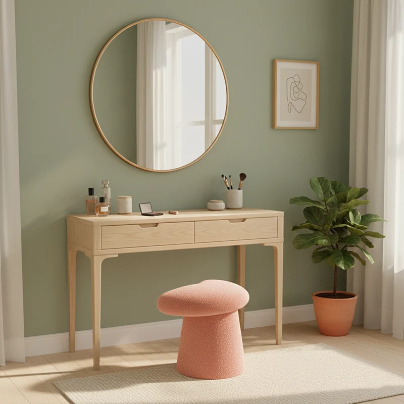 Modern Minimalist Solid Wood Plywood & Sherpa Fabric Whale-Tail Cushion Vanity Stool With Cylindrical Base For Bedroom
