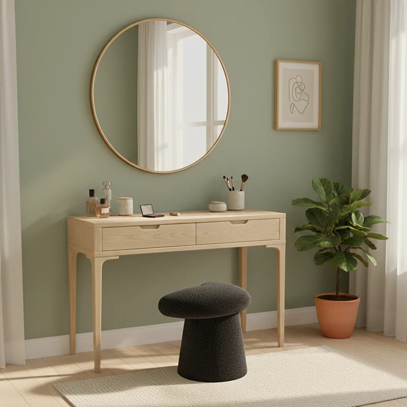 Modern Minimalist Solid Wood Plywood & Sherpa Fabric Whale-Tail Cushion Vanity Stool With Cylindrical Base For Bedroom