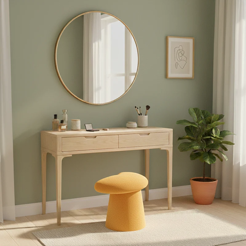 Modern Minimalist Solid Wood Plywood & Sherpa Fabric Whale-Tail Cushion Vanity Stool With Cylindrical Base For Bedroom