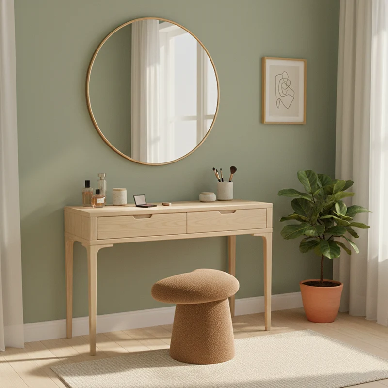 Modern Minimalist Solid Wood Plywood & Sherpa Fabric Whale-Tail Cushion Vanity Stool With Cylindrical Base For Bedroom