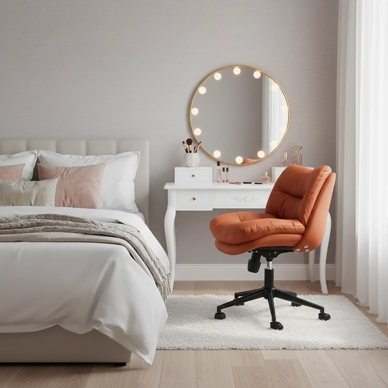 Modern Minimalist Ergonomics Solid Wood & Plywood Steel Faux Leather Vanity Stool With Dual Cushions, Backrest, Adjustable Height & Swivel For Bedroom