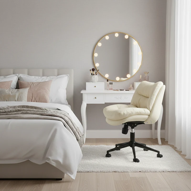 Modern Minimalist Ergonomics Solid Wood & Plywood Steel Faux Leather Vanity Stool With Dual Cushions, Backrest, Adjustable Height & Swivel For Bedroom