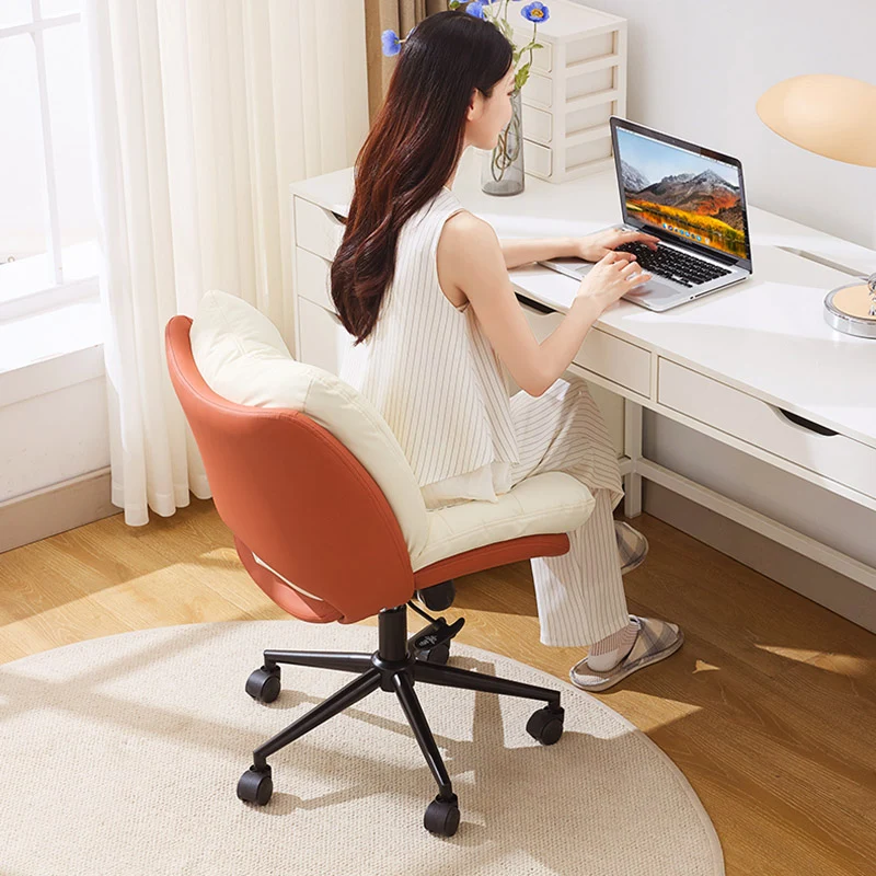 Modern Minimalist Ergonomics Solid Wood & Plywood Steel Faux Leather Vanity Stool With Dual Cushions, Backrest, Adjustable Height & Swivel For Bedroom