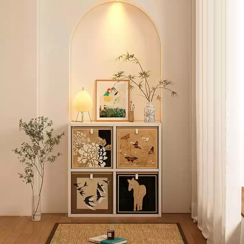 Traditional Vintage Square Multi-Layer Solid Wood Panel Fabric Storage Bookshelf 4/6/8/10-Cabinet For Living Room