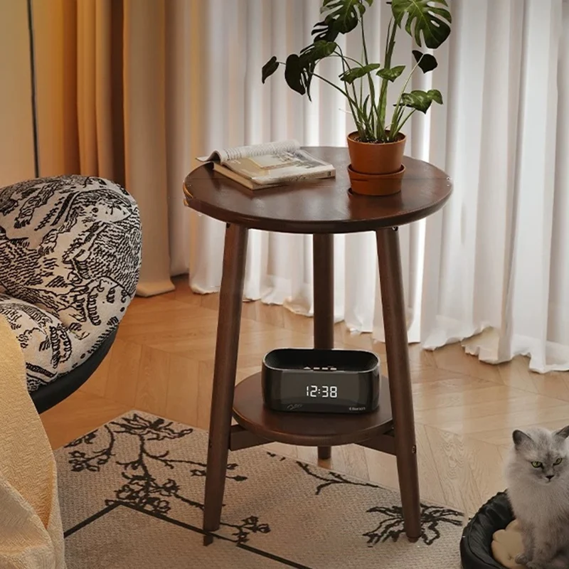 Traditional Vintage Rubber Wood Round Cylinder End Table 2-Tier For Living Room