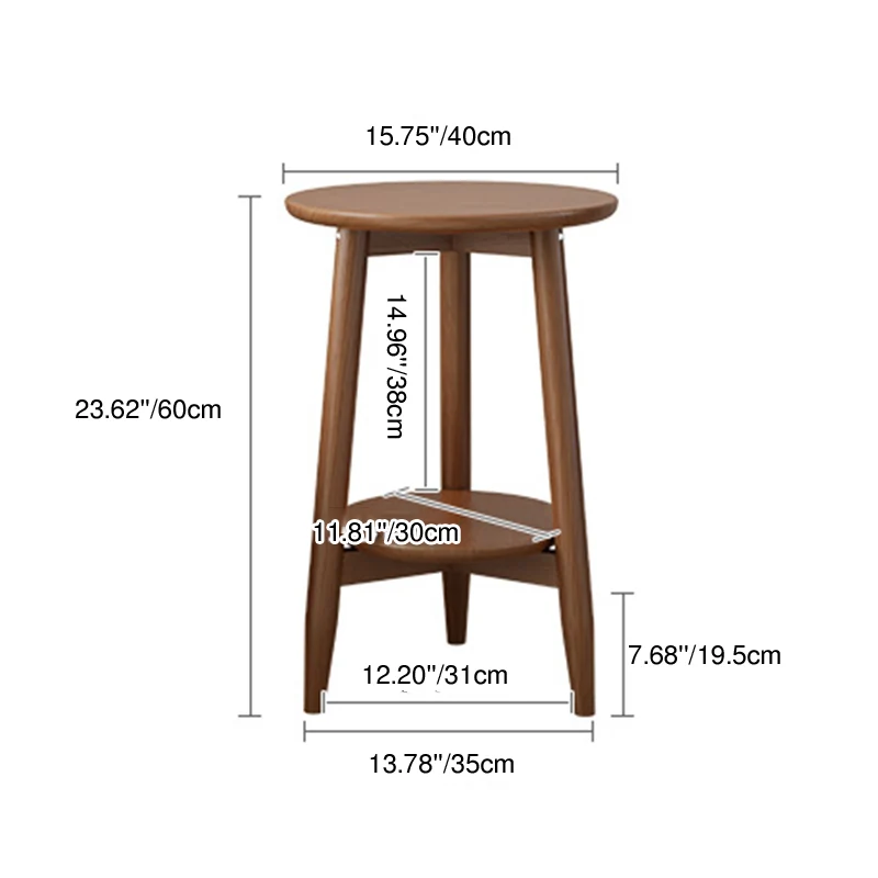 Traditional Vintage Rubber Wood Round Cylinder End Table 2-Tier For Living Room