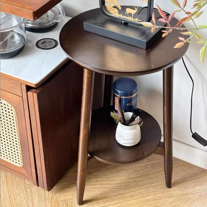 Traditional Vintage Rubber Wood Round Cylinder End Table 2-Tier For Living Room