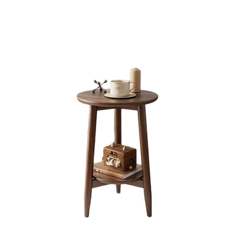 Traditional Vintage Rubber Wood Round Cylinder End Table 2-Tier For Living Room