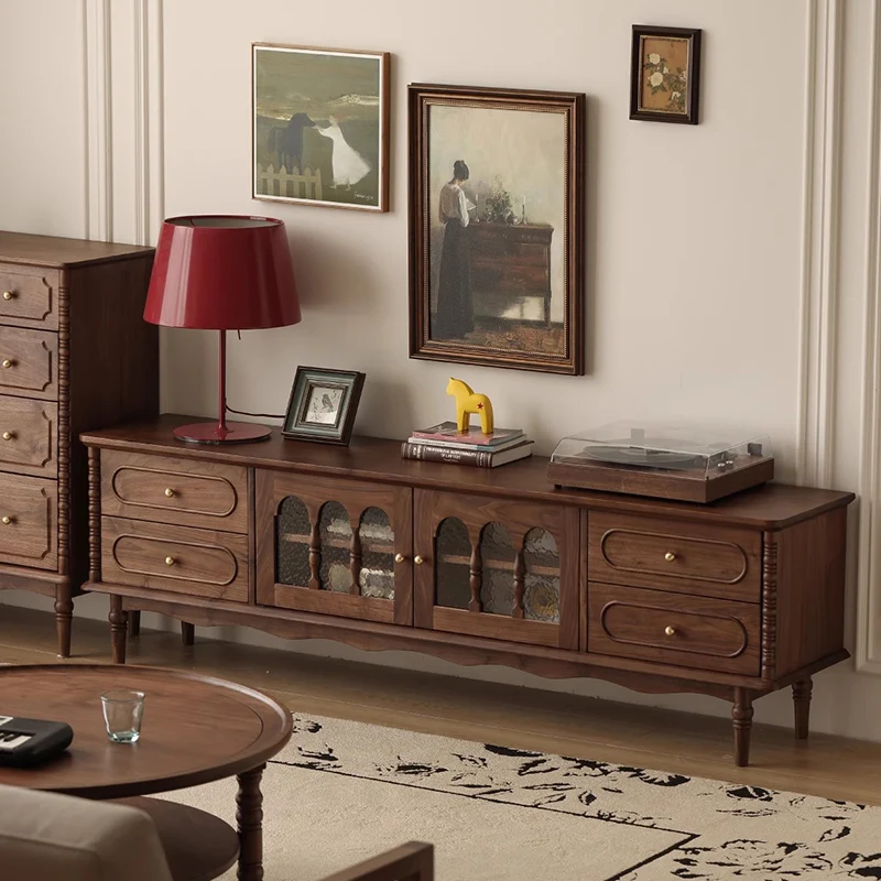 Traditional French Black Walnut Wood Curved Rectangular TV Stand With 4 Drawers For Living Room