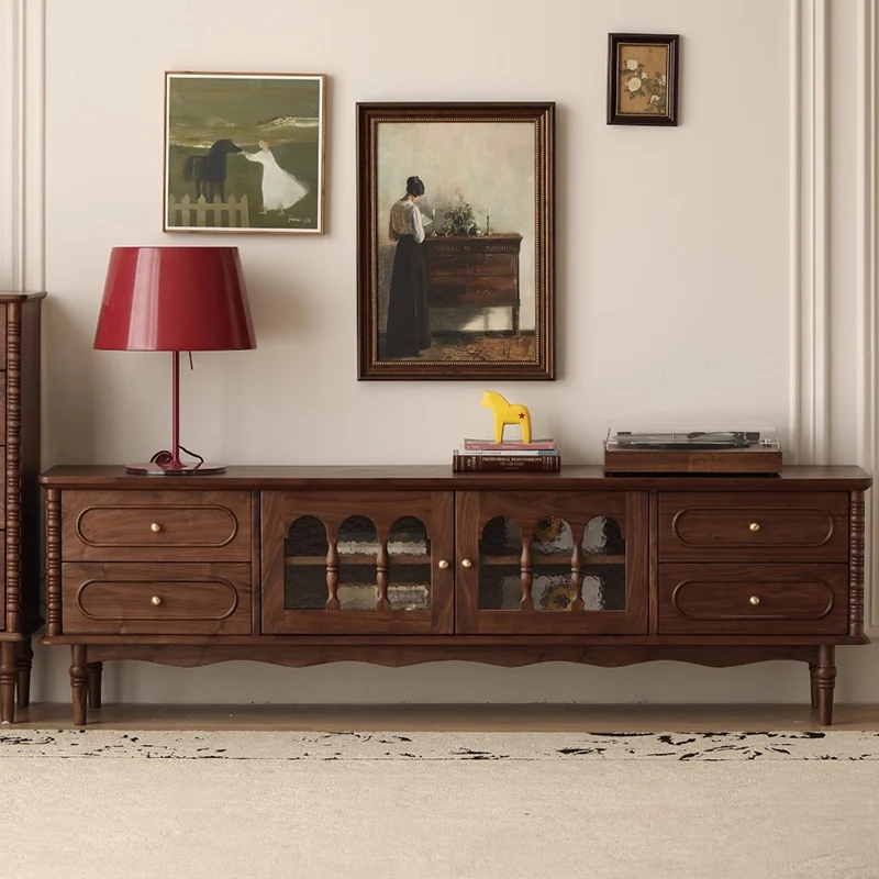 Traditional French Black Walnut Wood Curved Rectangular TV Stand With 4 Drawers For Living Room