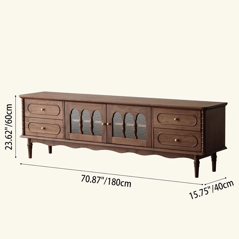 Traditional French Black Walnut Wood Curved Rectangular TV Stand With 4 Drawers For Living Room