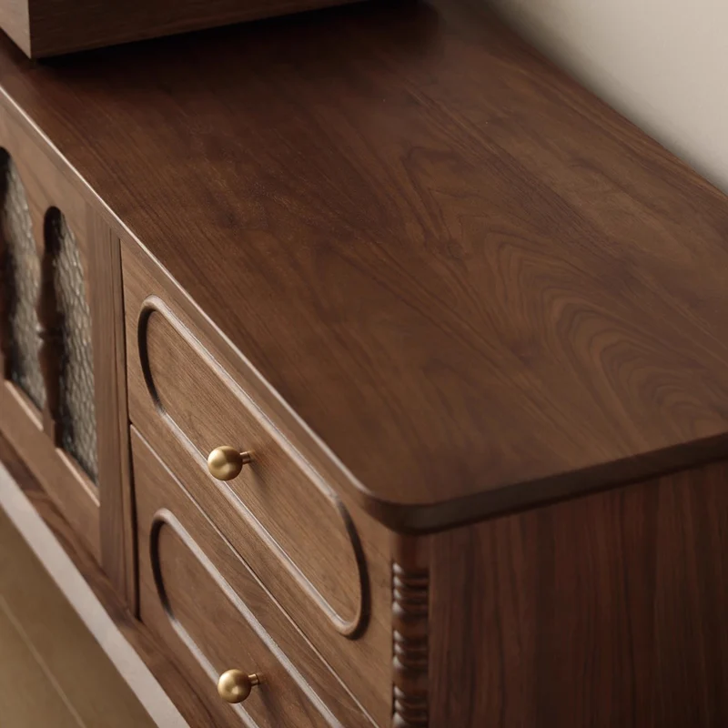 Traditional French Black Walnut Wood Curved Rectangular TV Stand With 4 Drawers For Living Room