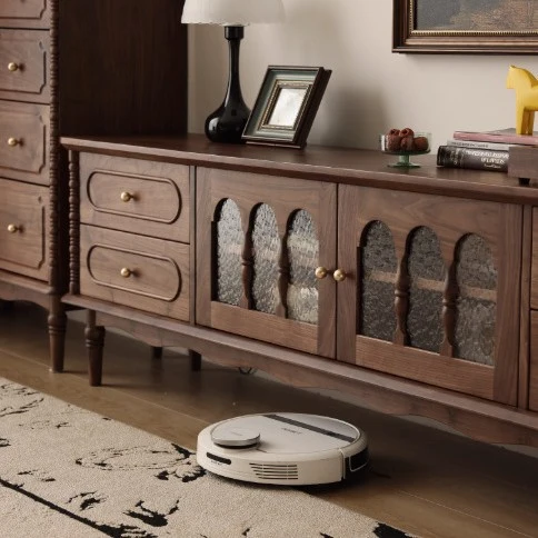 Traditional French Black Walnut Wood Curved Rectangular TV Stand With 4 Drawers For Living Room