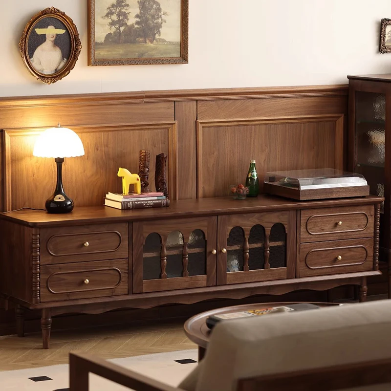 Traditional French Black Walnut Wood Curved Rectangular TV Stand With 4 Drawers For Living Room
