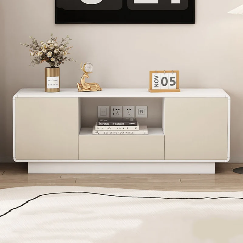 Modern Minimalist MDF Rounded Rectangular TV Stand with 2 Storage for Living Room