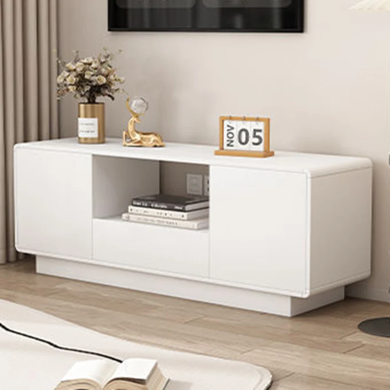 Modern Minimalist MDF Rounded Rectangular TV Stand with 2 Storage for Living Room