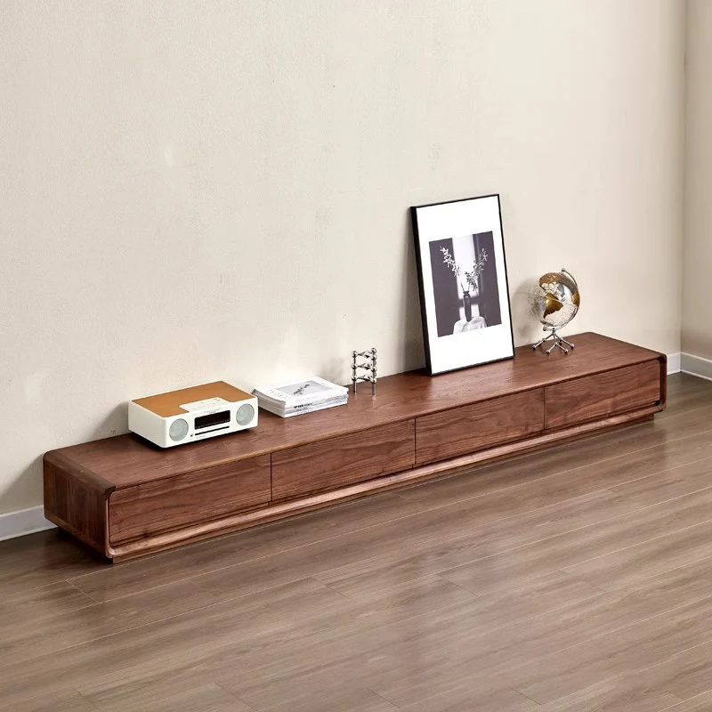 Traditional Chinese Black Walnut Wood Rounded Rectangular TV Stand With 4 Drawers For Living Room