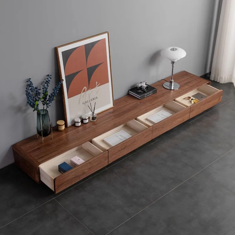 Traditional Chinese Black Walnut Wood Rounded Rectangular TV Stand With 4 Drawers For Living Room