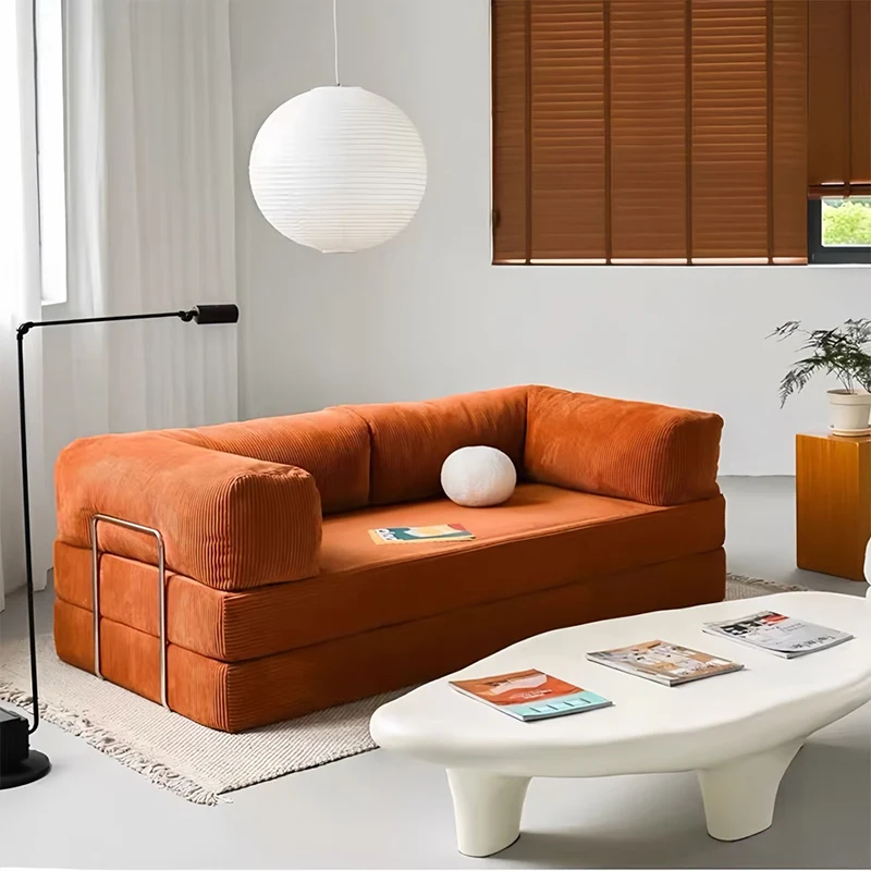 Modern Minimalist Stainless Steel Fabric Corduroy Curved Square Sofa With Backrest & Armrests For Living Room