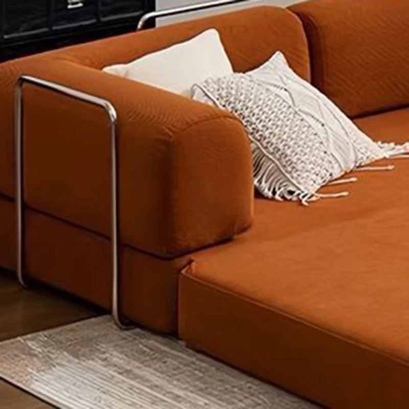 Modern Minimalist Stainless Steel Fabric Corduroy Curved Square Sofa With Backrest & Armrests For Living Room