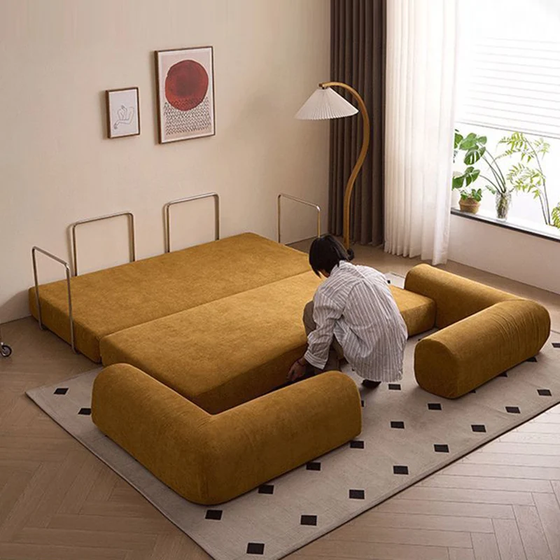 Modern Minimalist Stainless Steel Fabric Corduroy Curved Square Sofa With Backrest & Armrests For Living Room