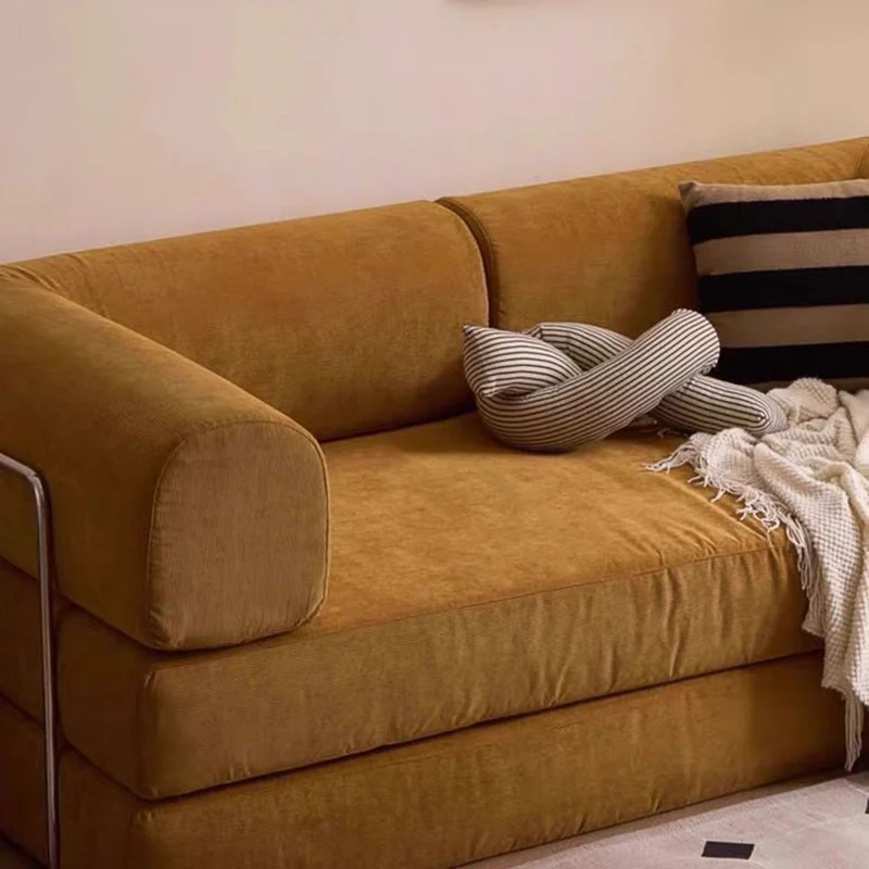 Modern Minimalist Stainless Steel Fabric Corduroy Curved Square Sofa With Backrest & Armrests For Living Room