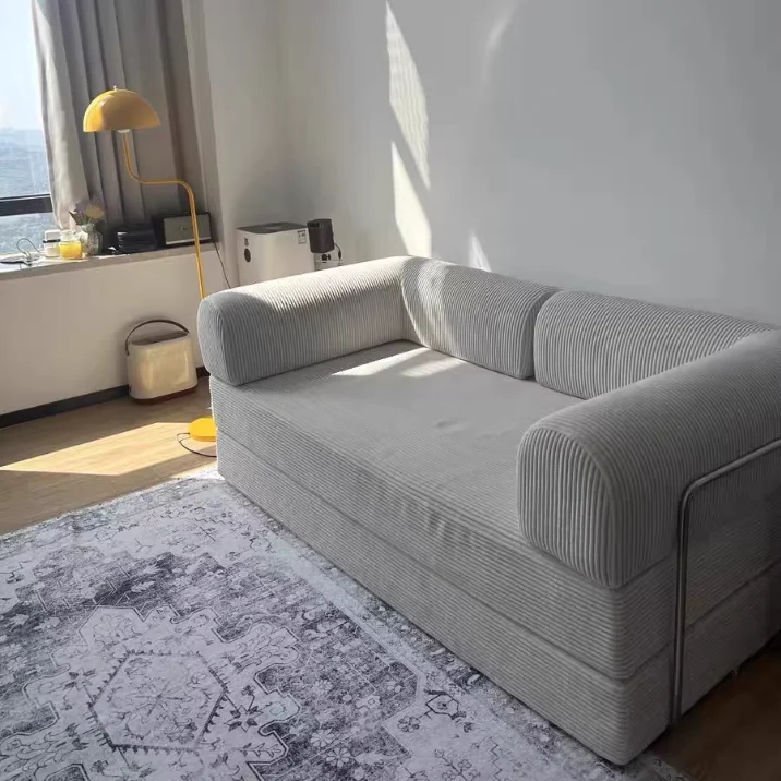 Modern Minimalist Stainless Steel Fabric Corduroy Curved Square Sofa With Backrest & Armrests For Living Room