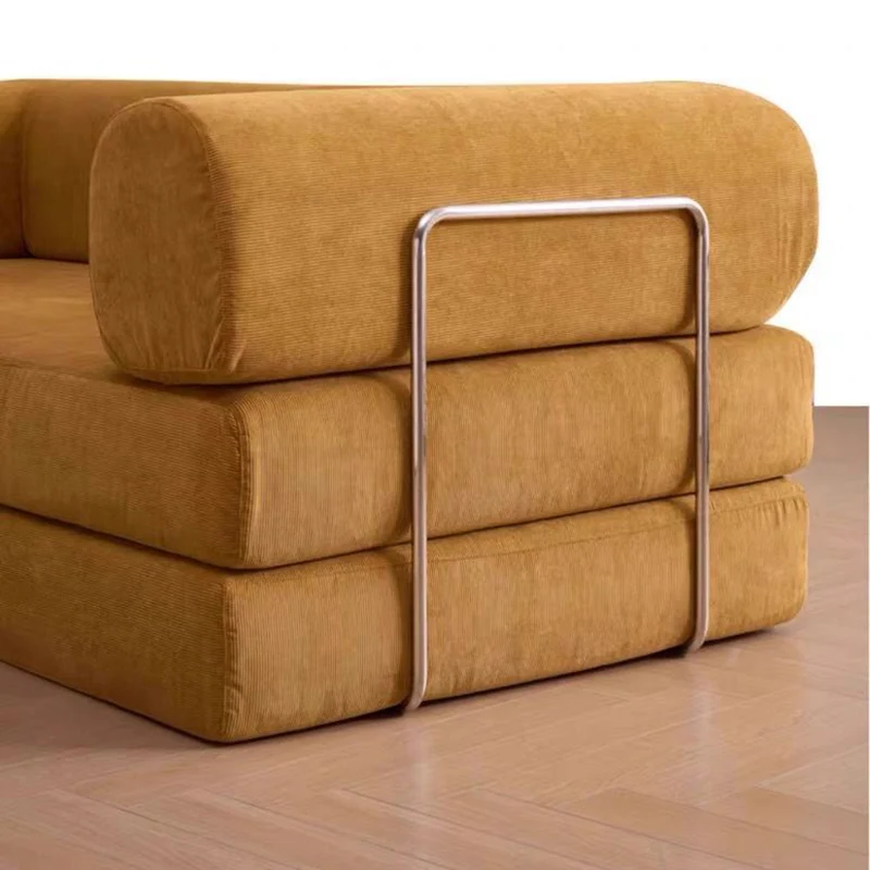 Modern Minimalist Stainless Steel Fabric Corduroy Curved Square Sofa With Backrest & Armrests For Living Room