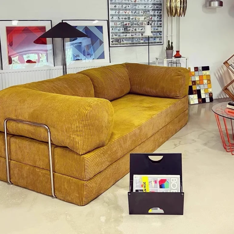 Modern Minimalist Stainless Steel Fabric Corduroy Curved Square Sofa With Backrest & Armrests For Living Room