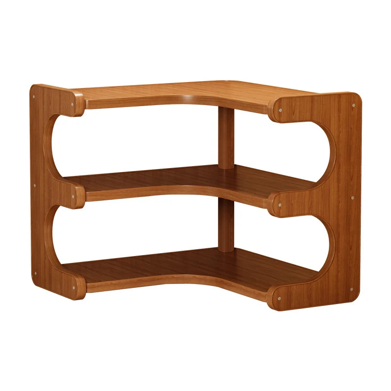 Traditional Vintage Bamboo MDF Right Angle Curved Storage Shelf 2/3-Tiers For Living Room