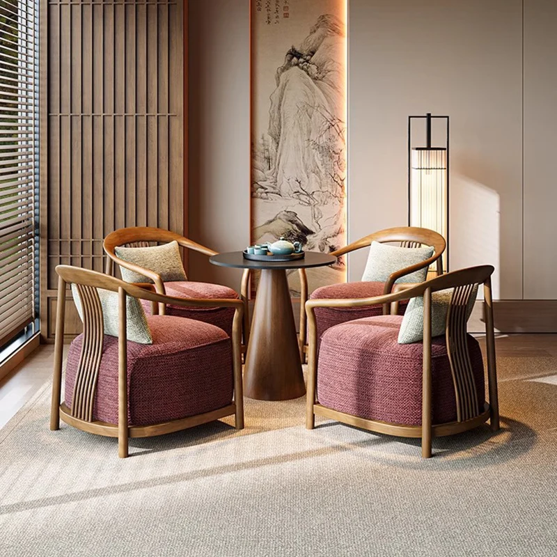 Traditional Chinese Velvet Solid Wood Curved Rounded Accent Chair With Armrests Backrest For Living Room