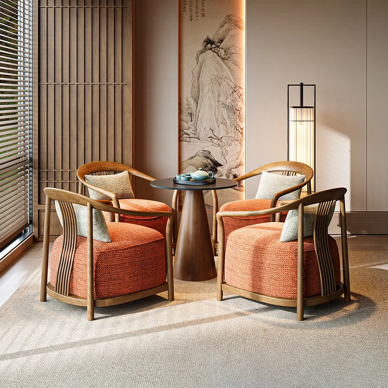Traditional Chinese Velvet Solid Wood Curved Rounded Accent Chair With Armrests Backrest For Living Room
