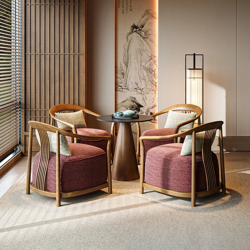 Traditional Chinese Velvet Solid Wood Curved Rounded Accent Chair With Armrests Backrest For Living Room
