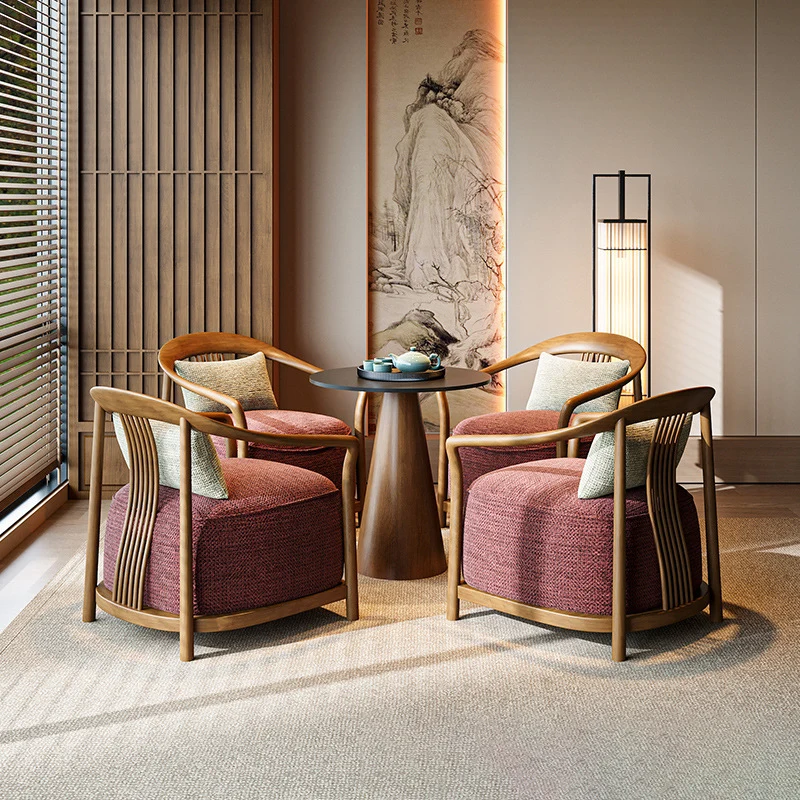 Traditional Chinese Velvet Solid Wood Curved Rounded Accent Chair With Armrests Backrest For Living Room