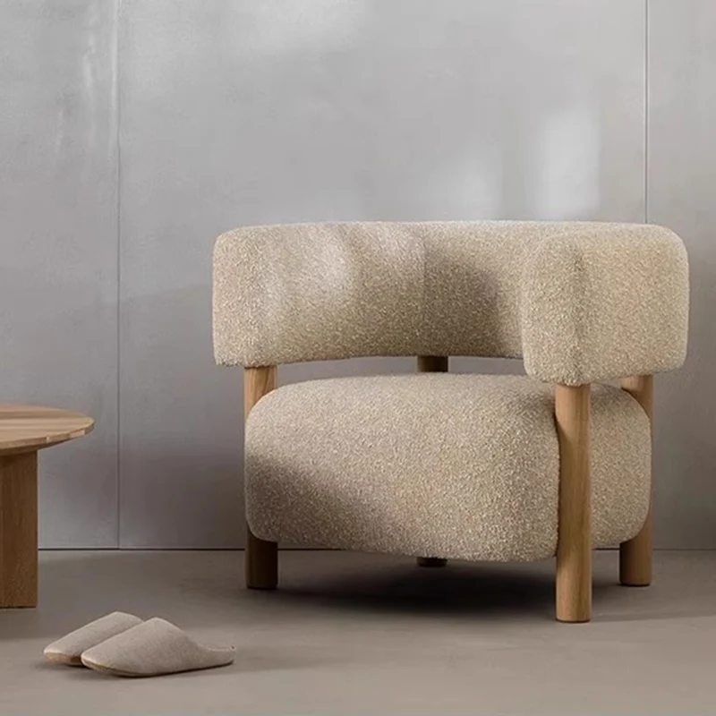 Contemporary Scandinavian Sherpa Fabric Ash Wood Curved Rounded Square Accent Chair With Armrests Backrest For Living Room