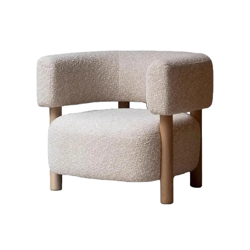 Contemporary Scandinavian Sherpa Fabric Ash Wood Curved Rounded Square Accent Chair With Armrests Backrest For Living Room