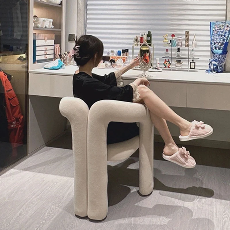 Contemporary Creative Velvet Metal Rounded Curved Cylindrical Vanity Chair With Armrests Backrest For Bedroom