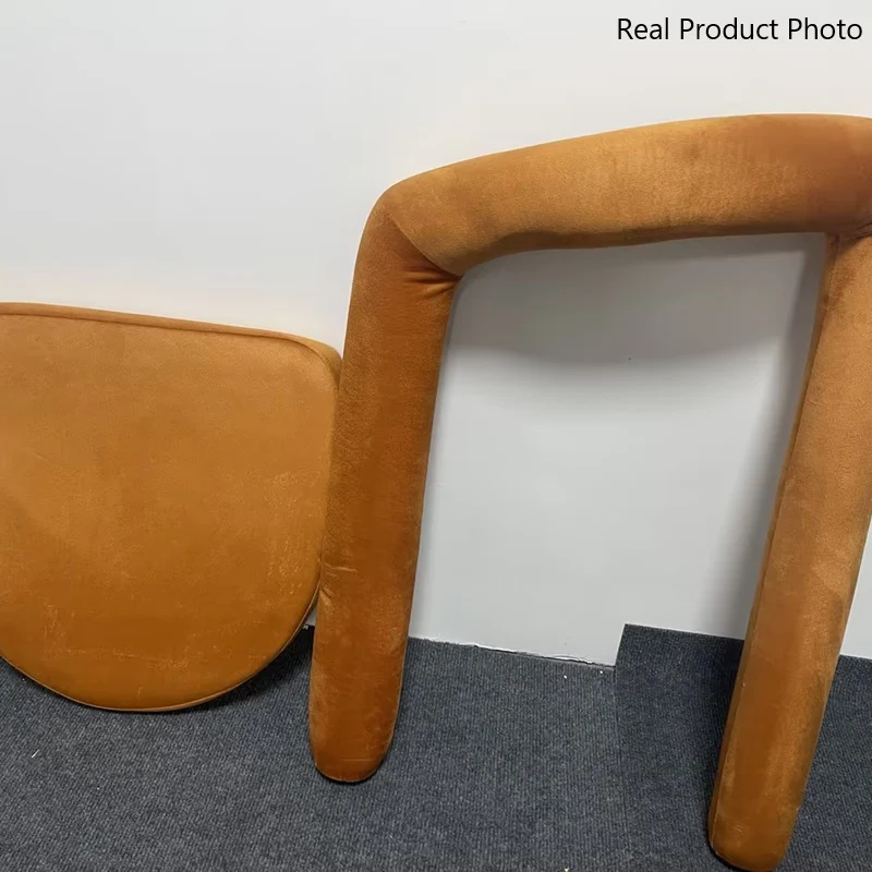Contemporary Creative Velvet Metal Rounded Curved Cylindrical Vanity Chair With Armrests Backrest For Bedroom