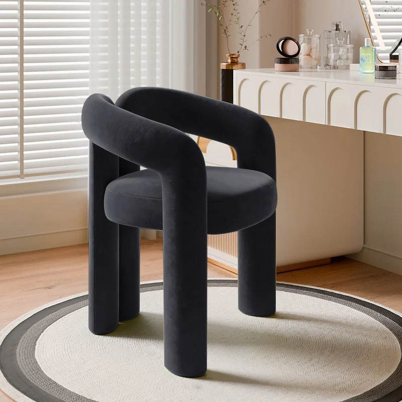 Contemporary Creative Velvet Metal Rounded Curved Cylindrical Vanity Chair With Armrests Backrest For Bedroom